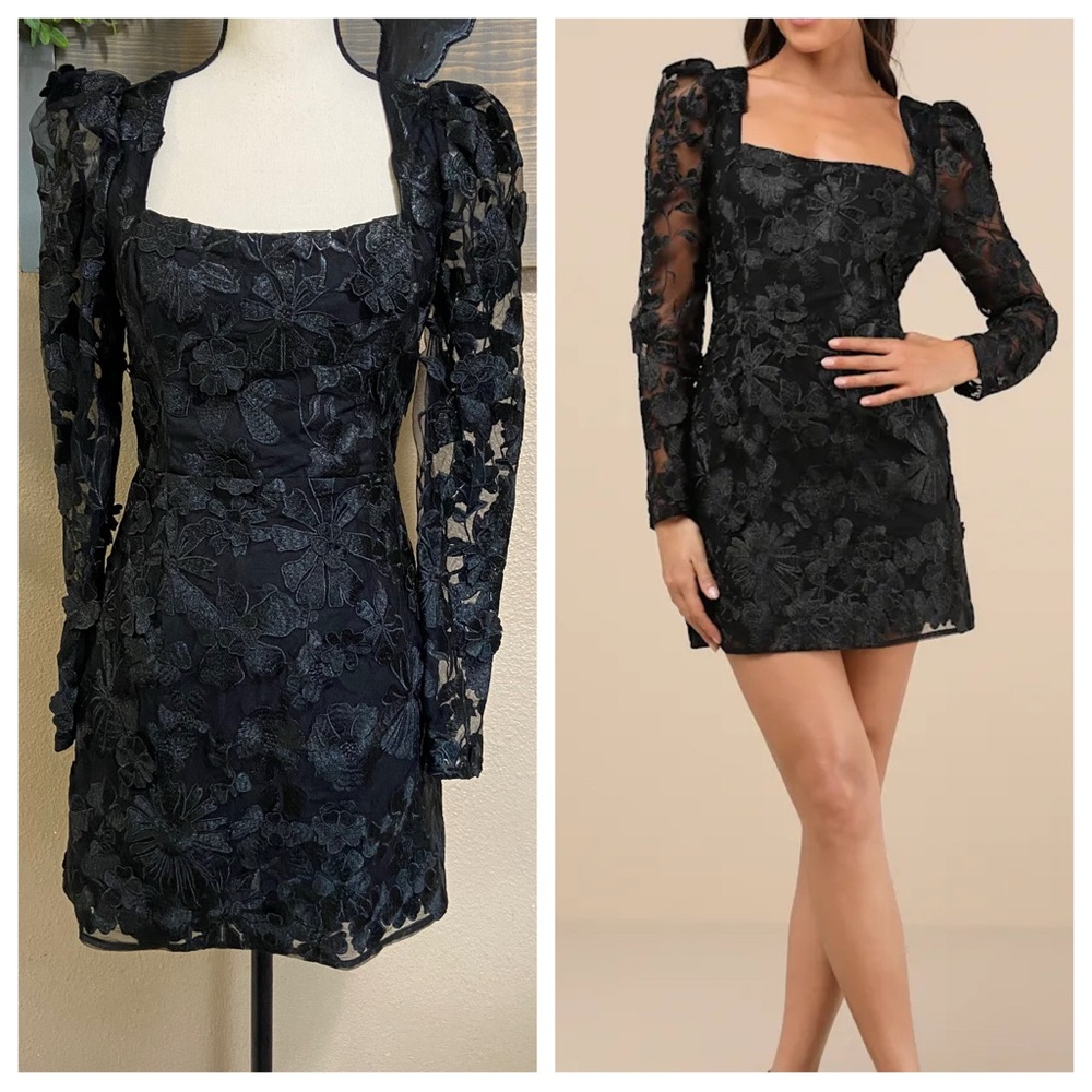 NWOT Lulus Masterfully Eloquent Black 3D Floral Mini Dress
